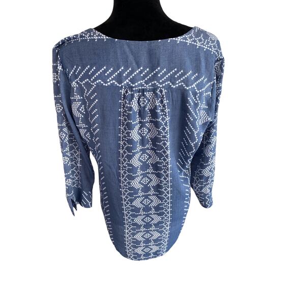 FRED DAVID BLUE AND WHITE GEO PRINT V/NECK PULLOVER TUNIC BLOUSE Sz -M - Picture 7 of 9